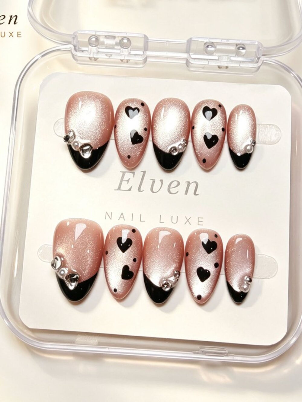 Pink Cat Eye and Black French Tips Handmade Short Almond Press On Nails Set